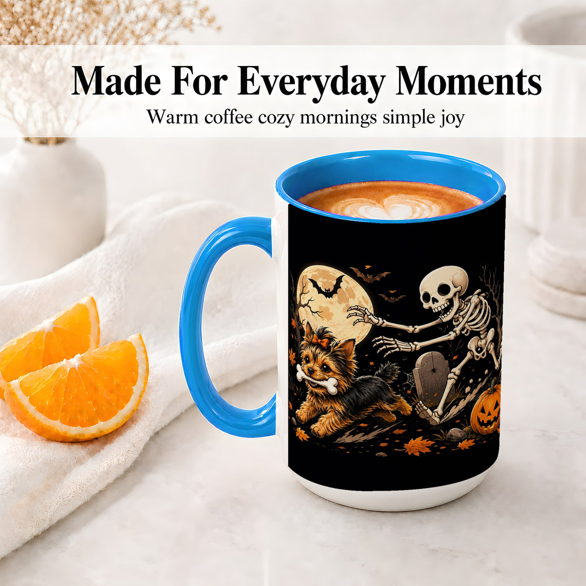 #pl[15oz|Blue] Night Graveyard Yorkie Ceramic Mug, Halloween Art for Dog Lovers