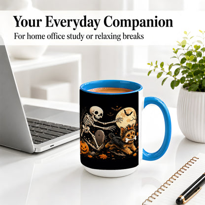 #pl[15oz|Blue] Night Graveyard Yorkie Ceramic Mug, Halloween Art for Dog Lovers