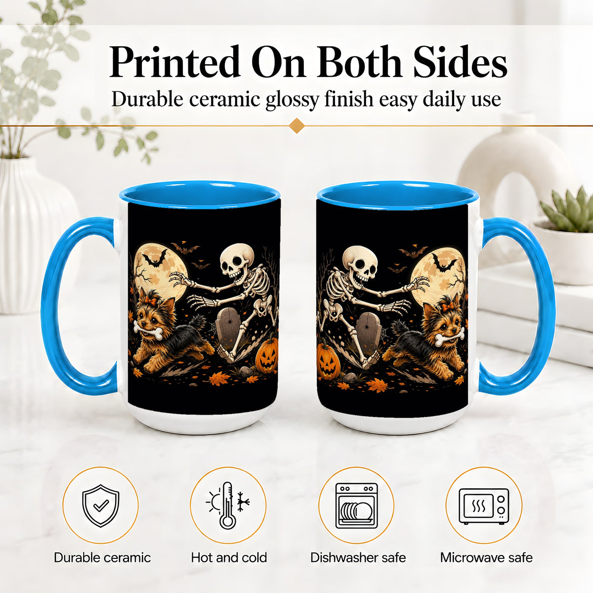 #pl[15oz|Blue] Night Graveyard Yorkie Ceramic Mug, Halloween Art for Dog Lovers