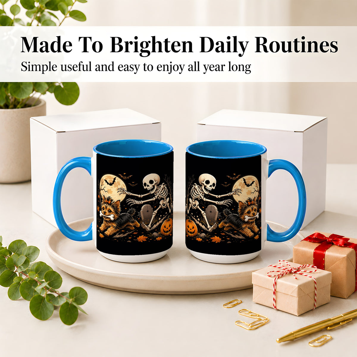 #pl[15oz|Blue] Night Graveyard Yorkie Ceramic Mug, Halloween Art for Dog Lovers