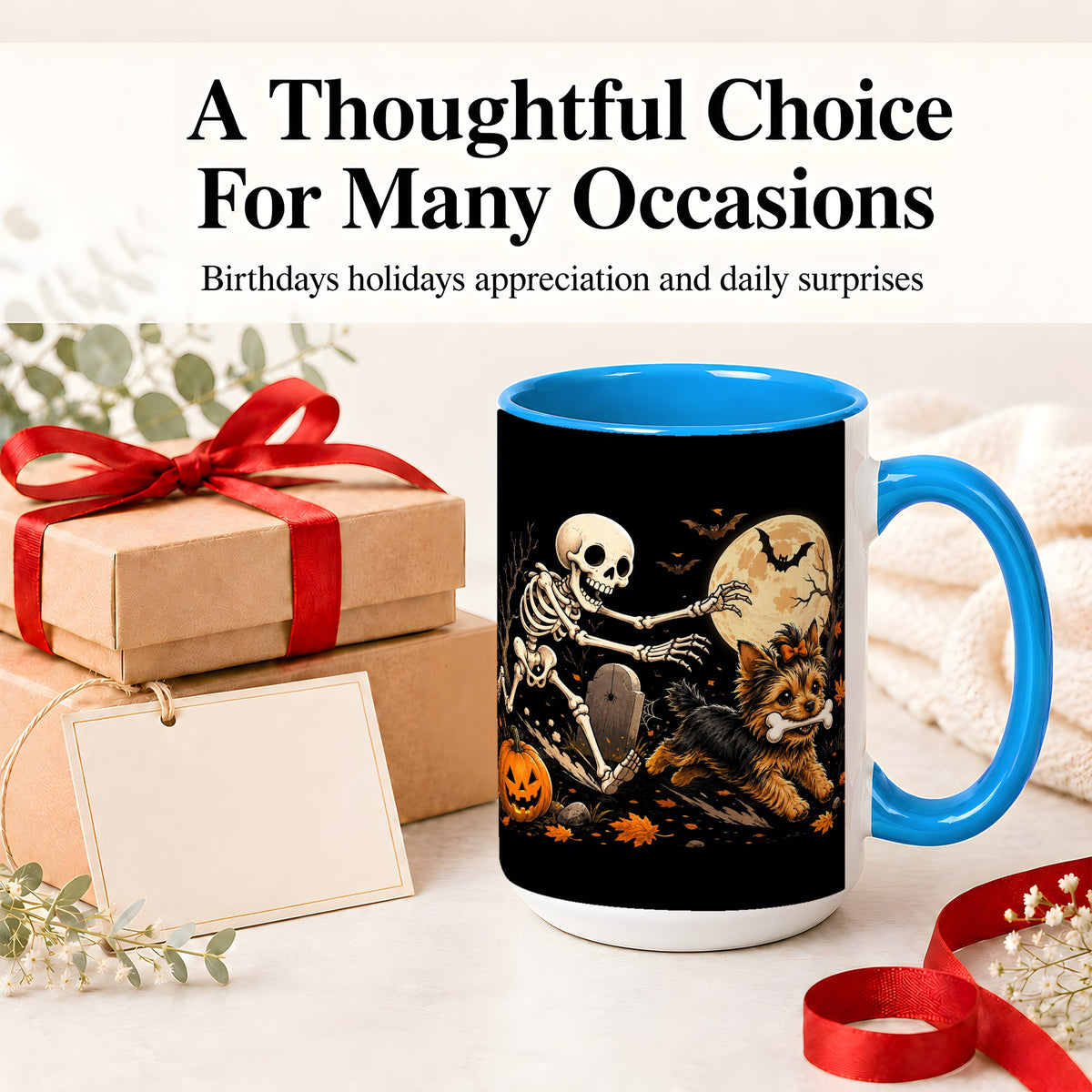#pl[15oz|Blue] Night Graveyard Yorkie Ceramic Mug, Halloween Art for Dog Lovers