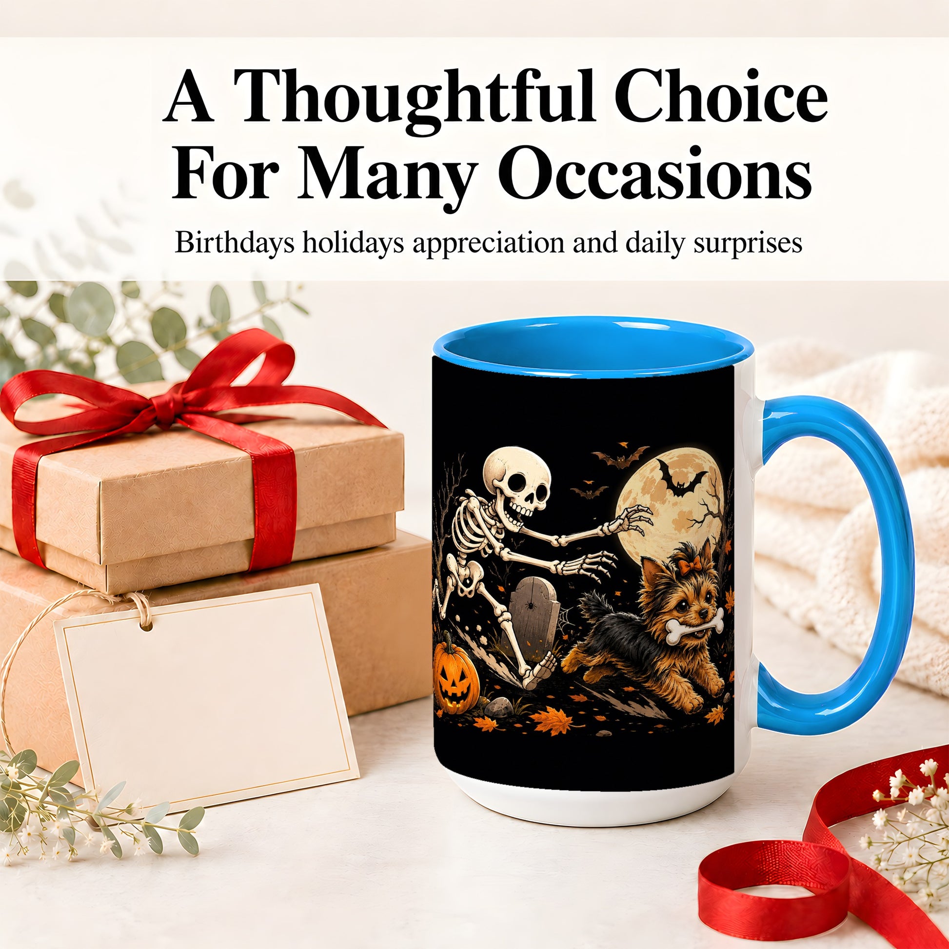 #pl[15oz|Blue] Night Graveyard Yorkie Ceramic Mug, Halloween Art for Dog Lovers