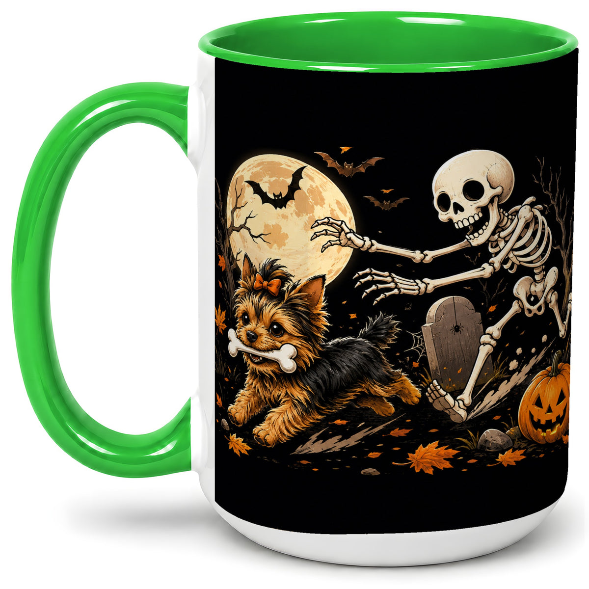#pl[15oz|Green] Night Graveyard Yorkie Ceramic Mug, Halloween Art for Dog Lovers