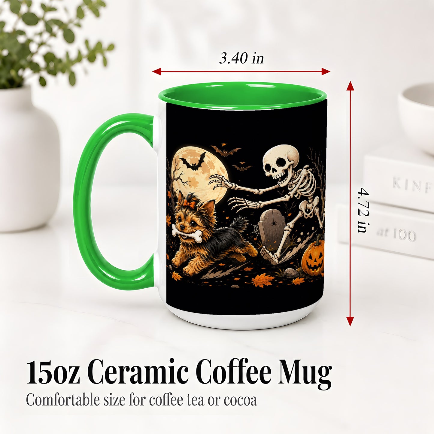 #pl[15oz|Green] Night Graveyard Yorkie Ceramic Mug, Halloween Art for Dog Lovers