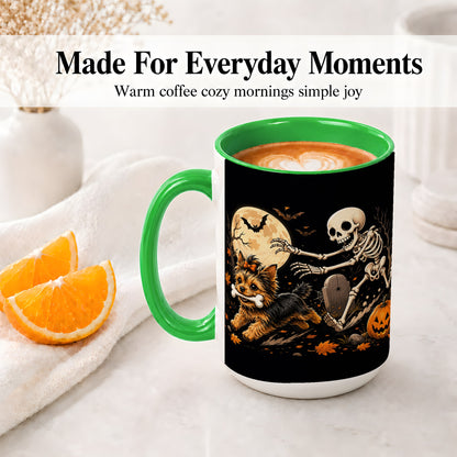 #pl[15oz|Green] Night Graveyard Yorkie Ceramic Mug, Halloween Art for Dog Lovers