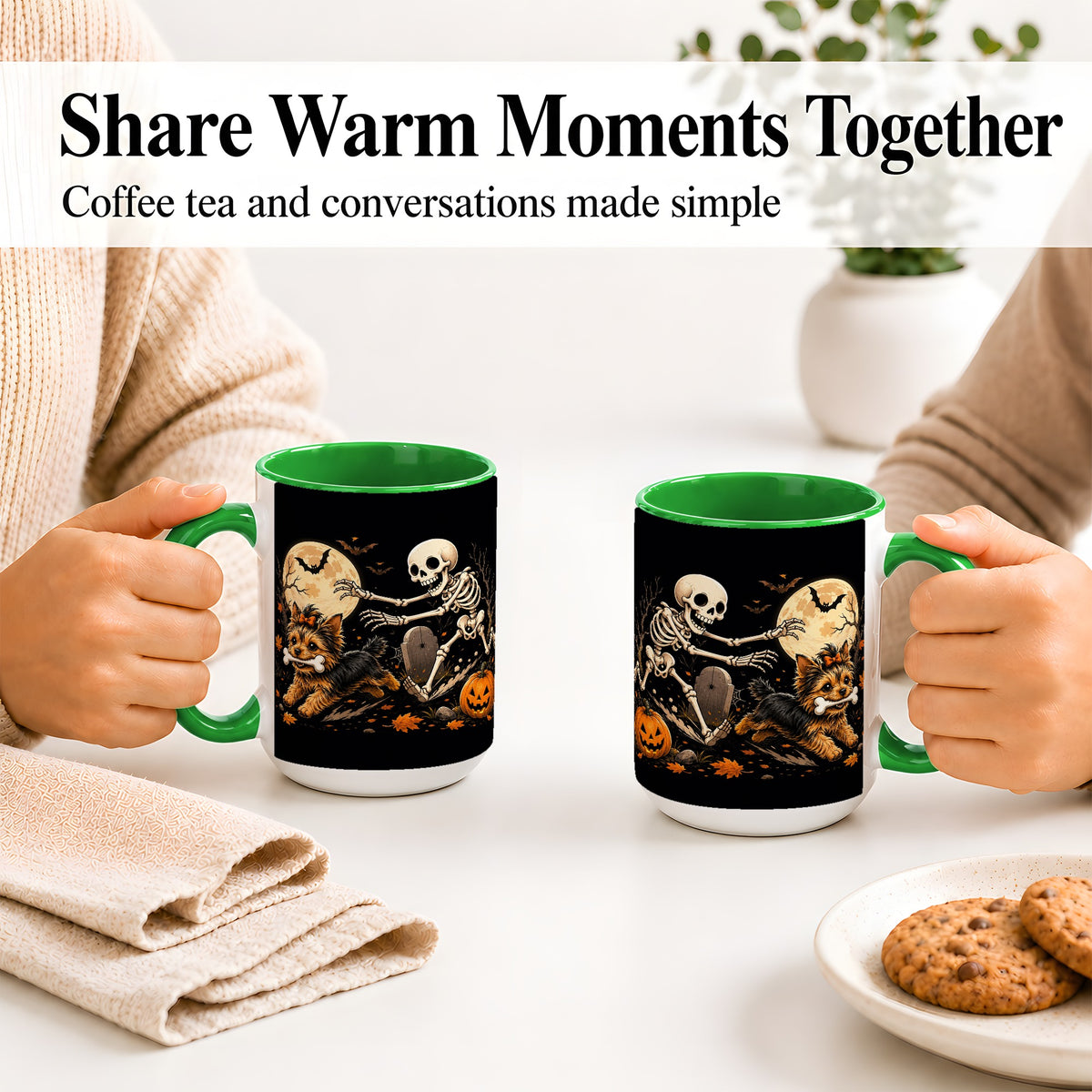 #pl[15oz|Green] Night Graveyard Yorkie Ceramic Mug, Halloween Art for Dog Lovers