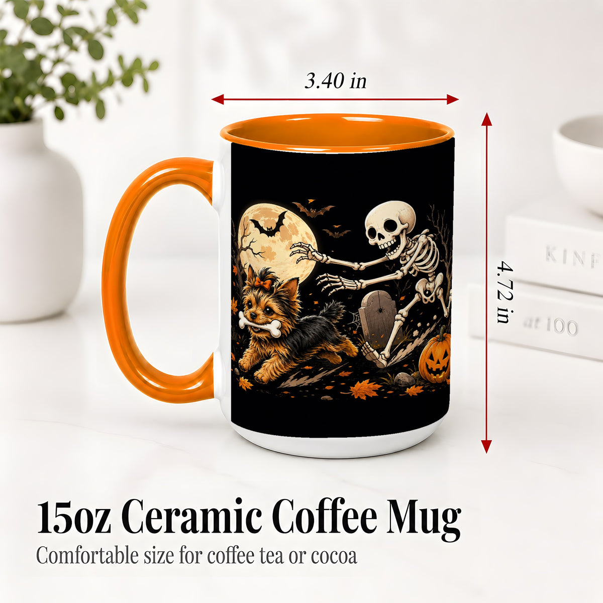 #pl[15oz|Orange] Night Graveyard Yorkie Ceramic Mug, Halloween Art for Dog Lovers