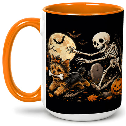 #pl[15oz|Orange] Night Graveyard Yorkie Ceramic Mug, Halloween Art for Dog Lovers