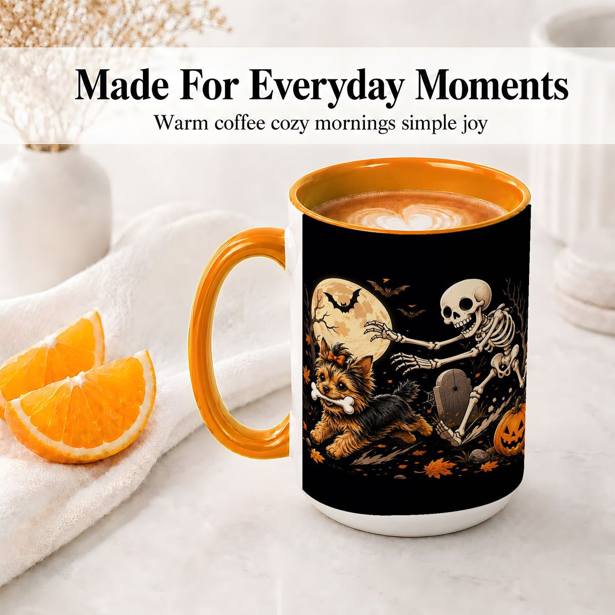 #pl[15oz|Orange] Night Graveyard Yorkie Ceramic Mug, Halloween Art for Dog Lovers