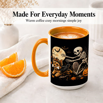 #pl[15oz|Orange] Night Graveyard Yorkie Ceramic Mug, Halloween Art for Dog Lovers
