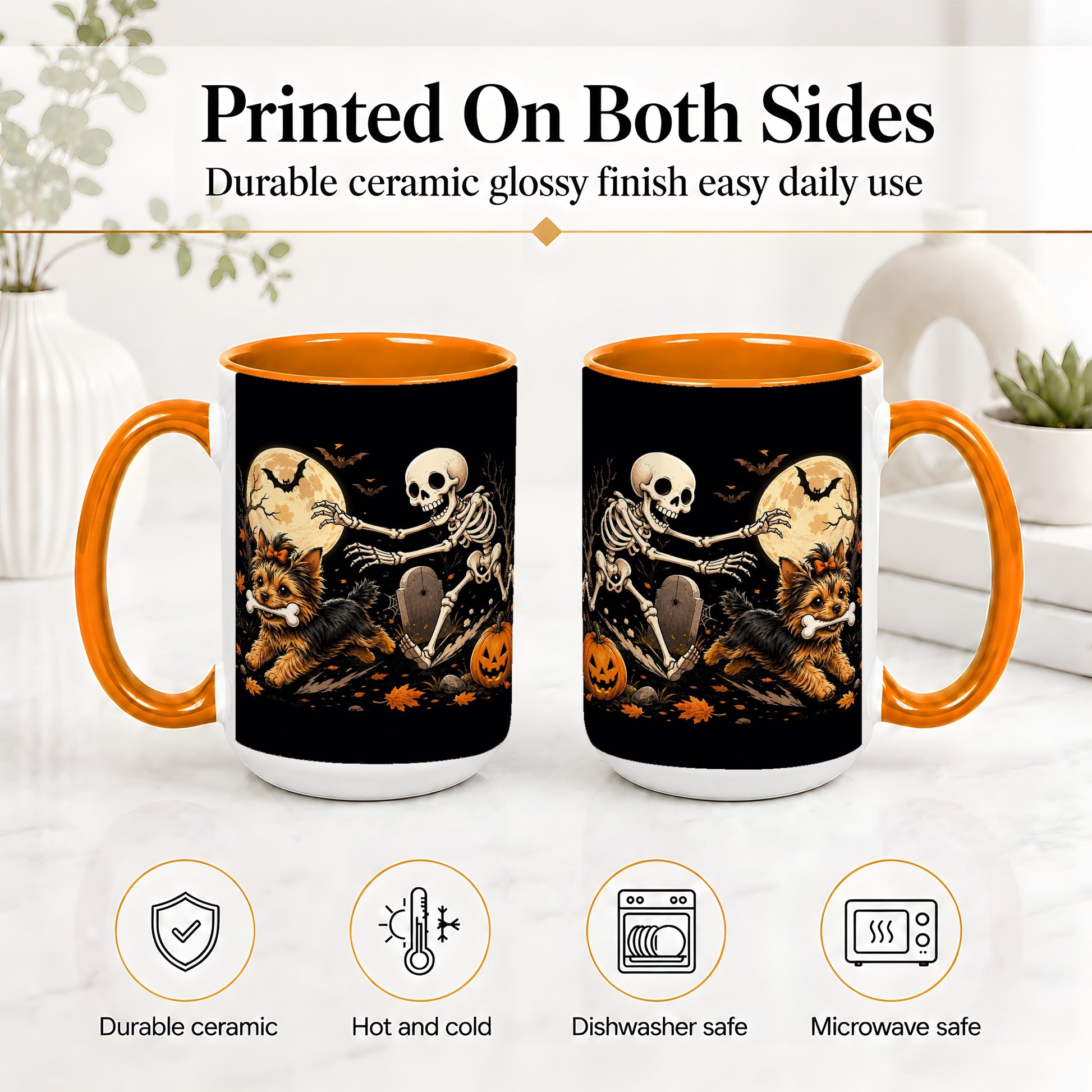 #pl[15oz|Orange] Night Graveyard Yorkie Ceramic Mug, Halloween Art for Dog Lovers