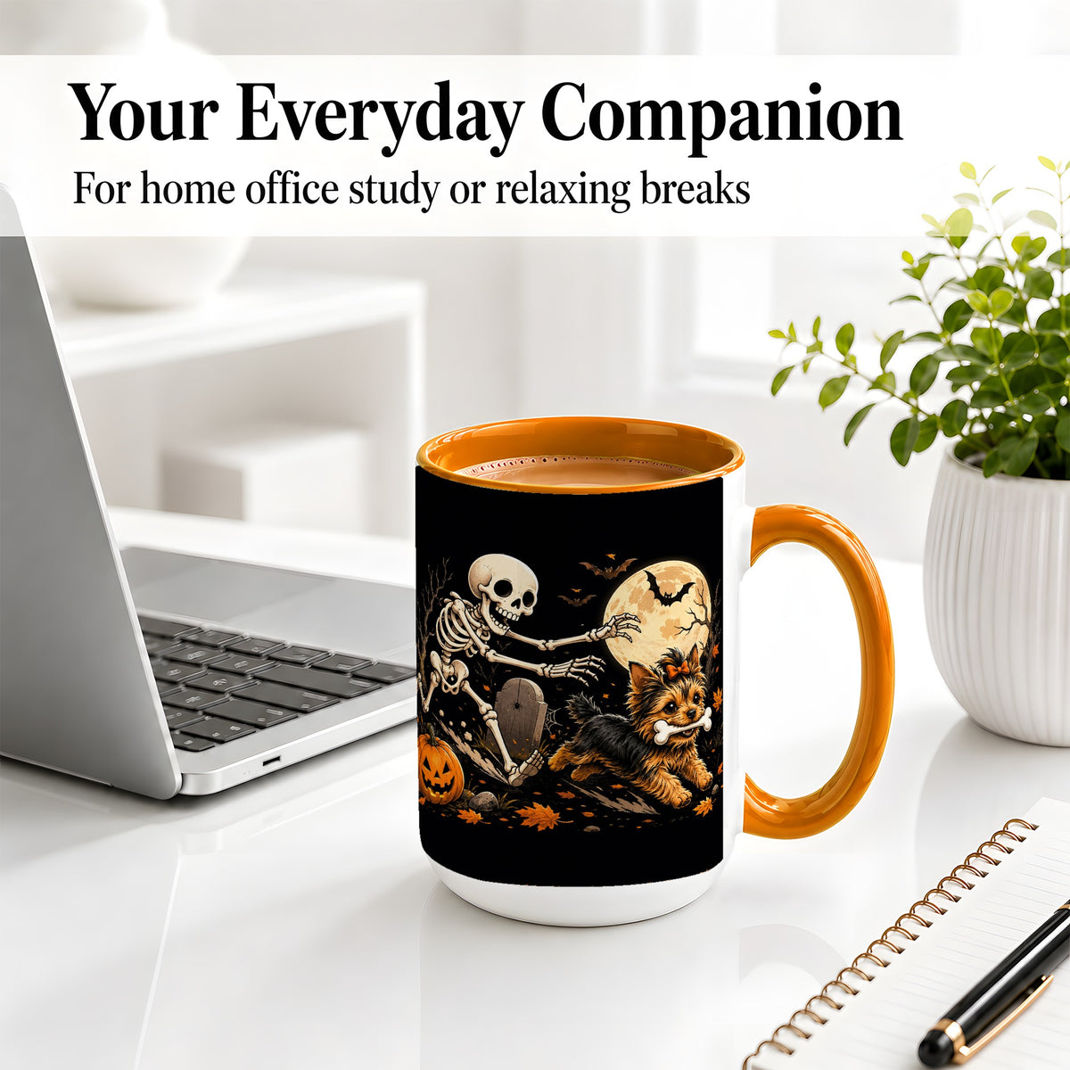 #pl[15oz|Orange] Night Graveyard Yorkie Ceramic Mug, Halloween Art for Dog Lovers