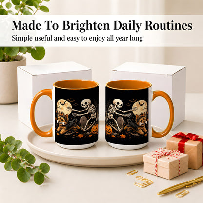 #pl[15oz|Orange] Night Graveyard Yorkie Ceramic Mug, Halloween Art for Dog Lovers