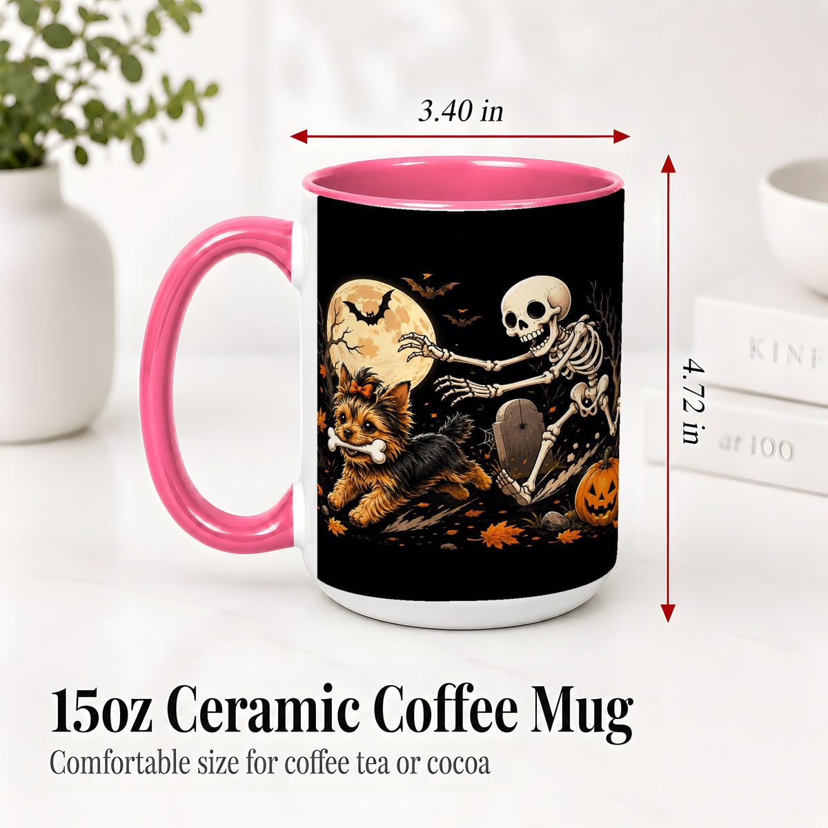 #pl[15oz|Pink] Night Graveyard Yorkie Ceramic Mug, Halloween Art for Dog Lovers