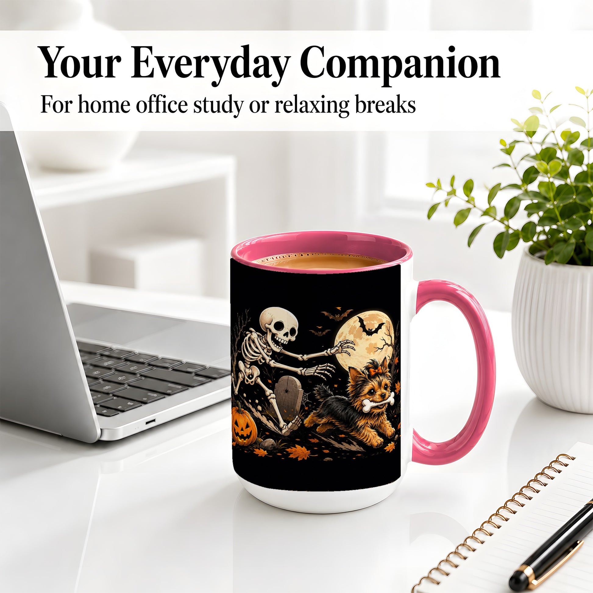#pl[15oz|Pink] Night Graveyard Yorkie Ceramic Mug, Halloween Art for Dog Lovers
