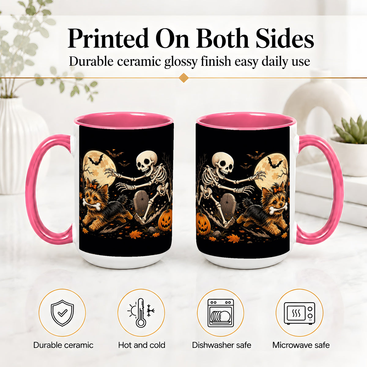 #pl[15oz|Pink] Night Graveyard Yorkie Ceramic Mug, Halloween Art for Dog Lovers