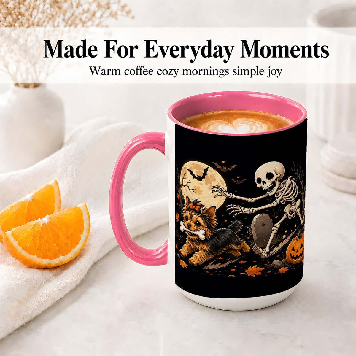 #pl[15oz|Pink] Night Graveyard Yorkie Ceramic Mug, Halloween Art for Dog Lovers