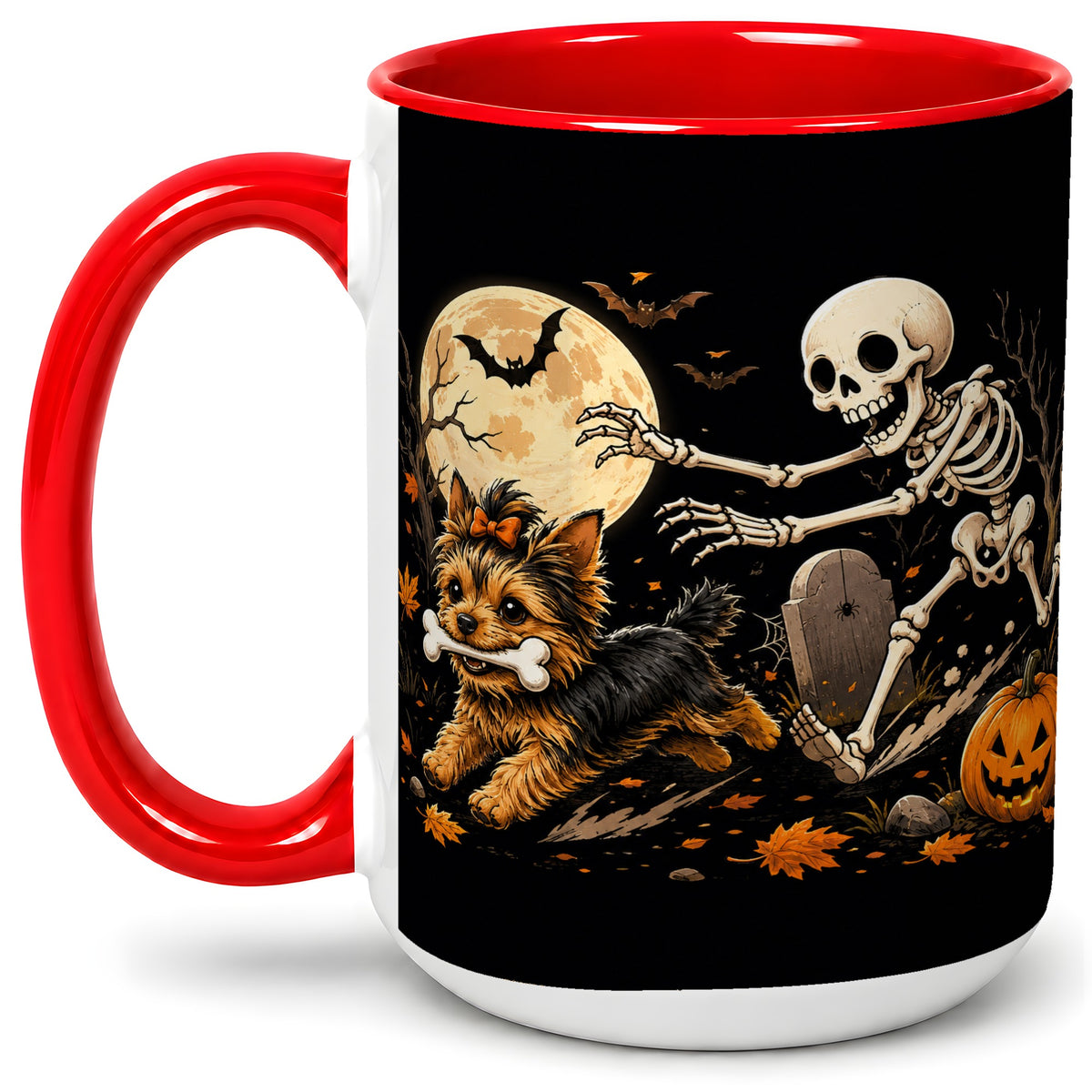 #pl[15oz|Red] Night Graveyard Yorkie Ceramic Mug, Halloween Art for Dog Lovers