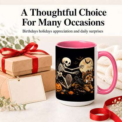 #pl[15oz|Pink] Night Graveyard Yorkie Ceramic Mug, Halloween Art for Dog Lovers