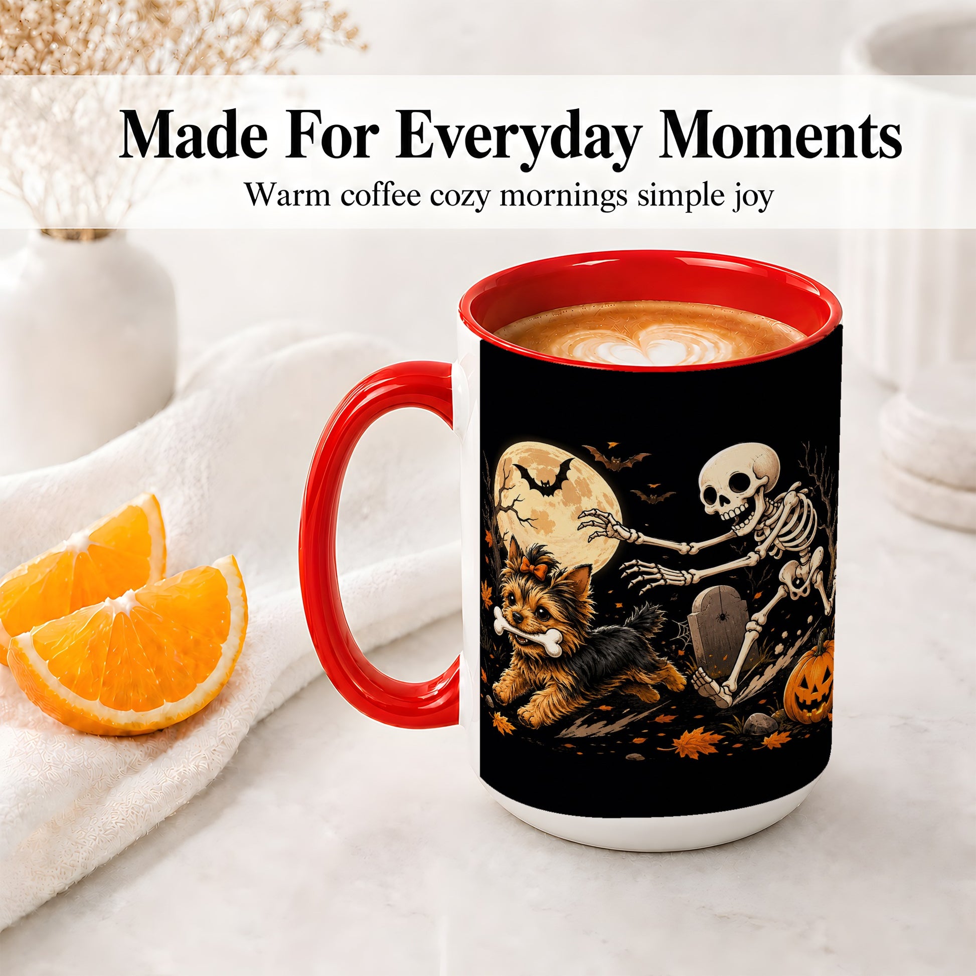 #pl[15oz|Red] Night Graveyard Yorkie Ceramic Mug, Halloween Art for Dog Lovers