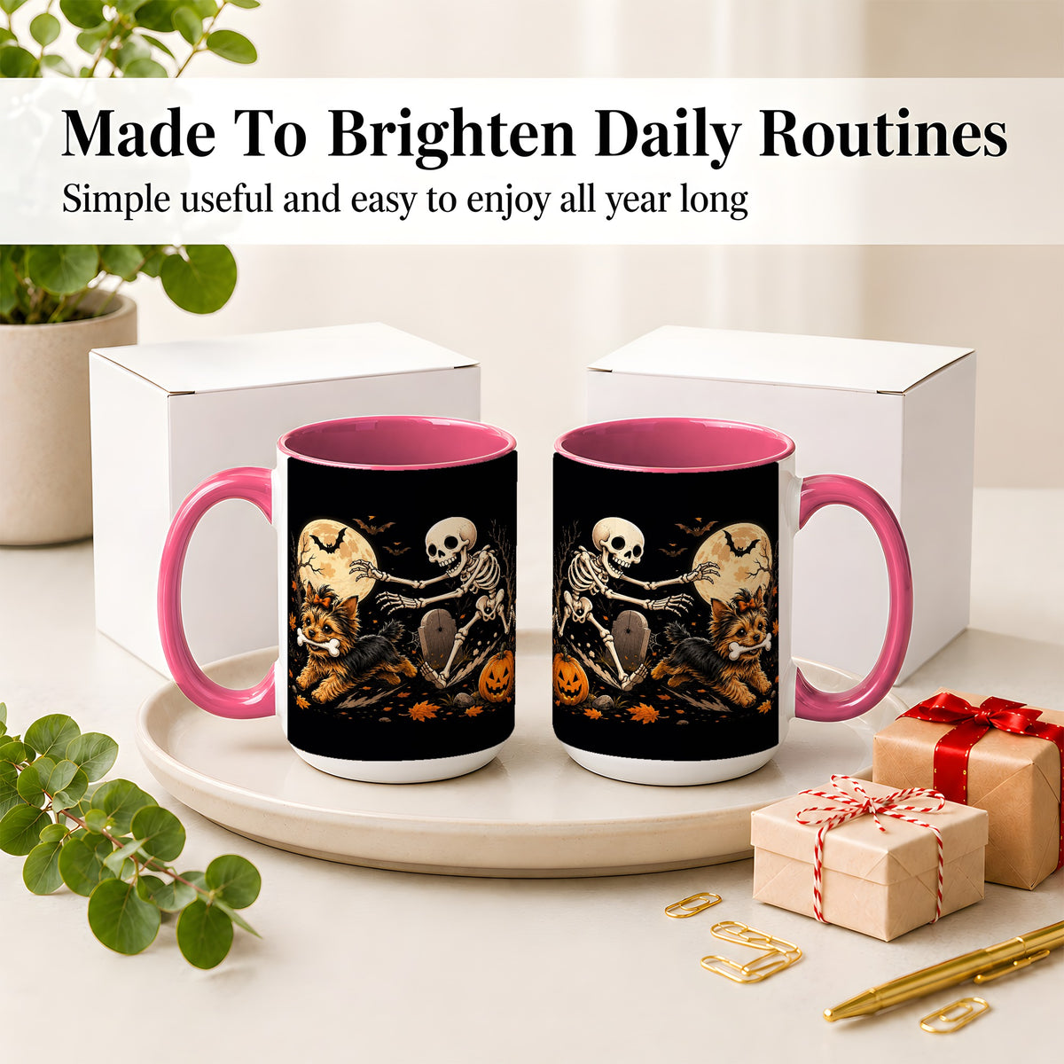 #pl[15oz|Pink] Night Graveyard Yorkie Ceramic Mug, Halloween Art for Dog Lovers