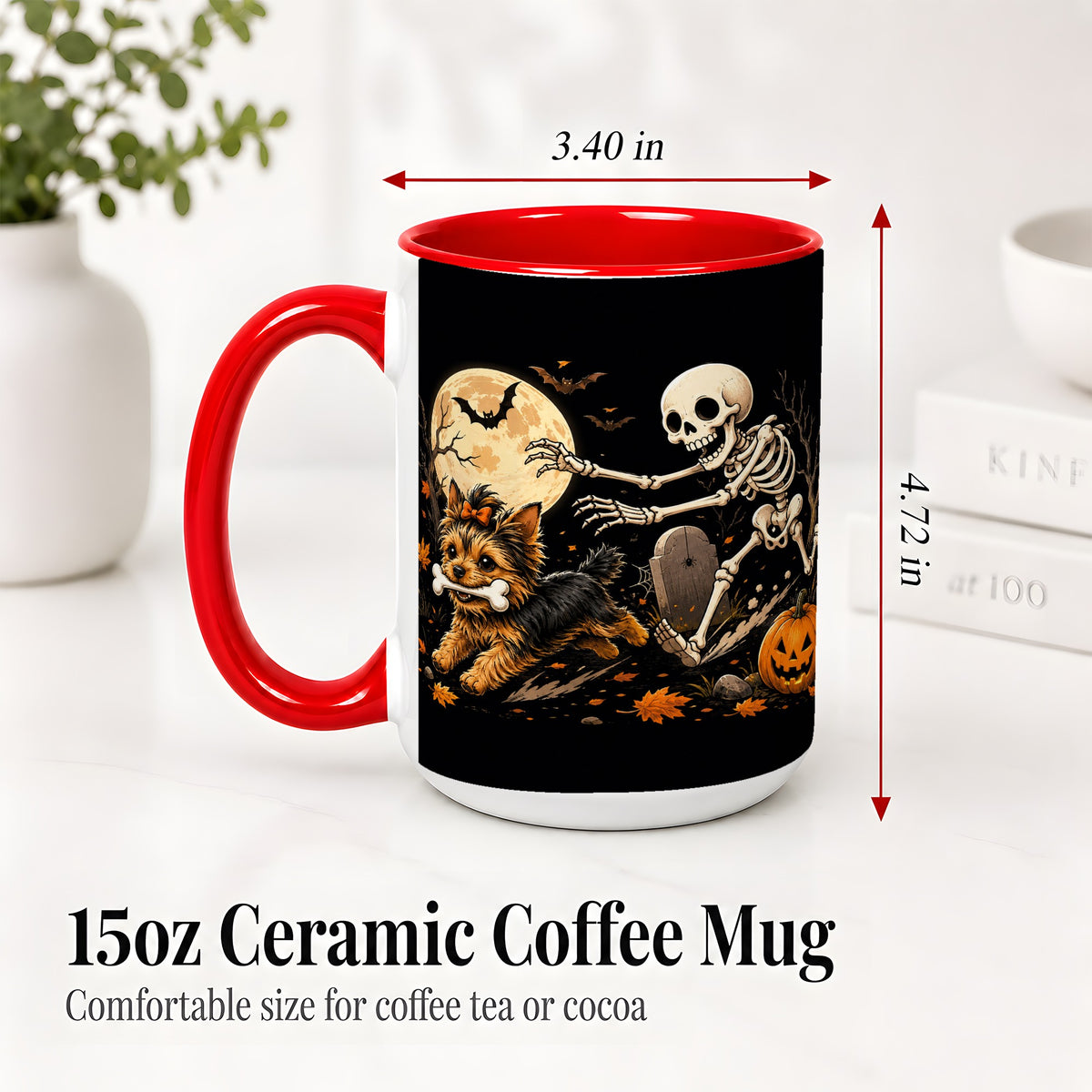 #pl[15oz|Red] Night Graveyard Yorkie Ceramic Mug, Halloween Art for Dog Lovers