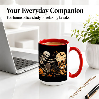 #pl[15oz|Red] Night Graveyard Yorkie Ceramic Mug, Halloween Art for Dog Lovers
