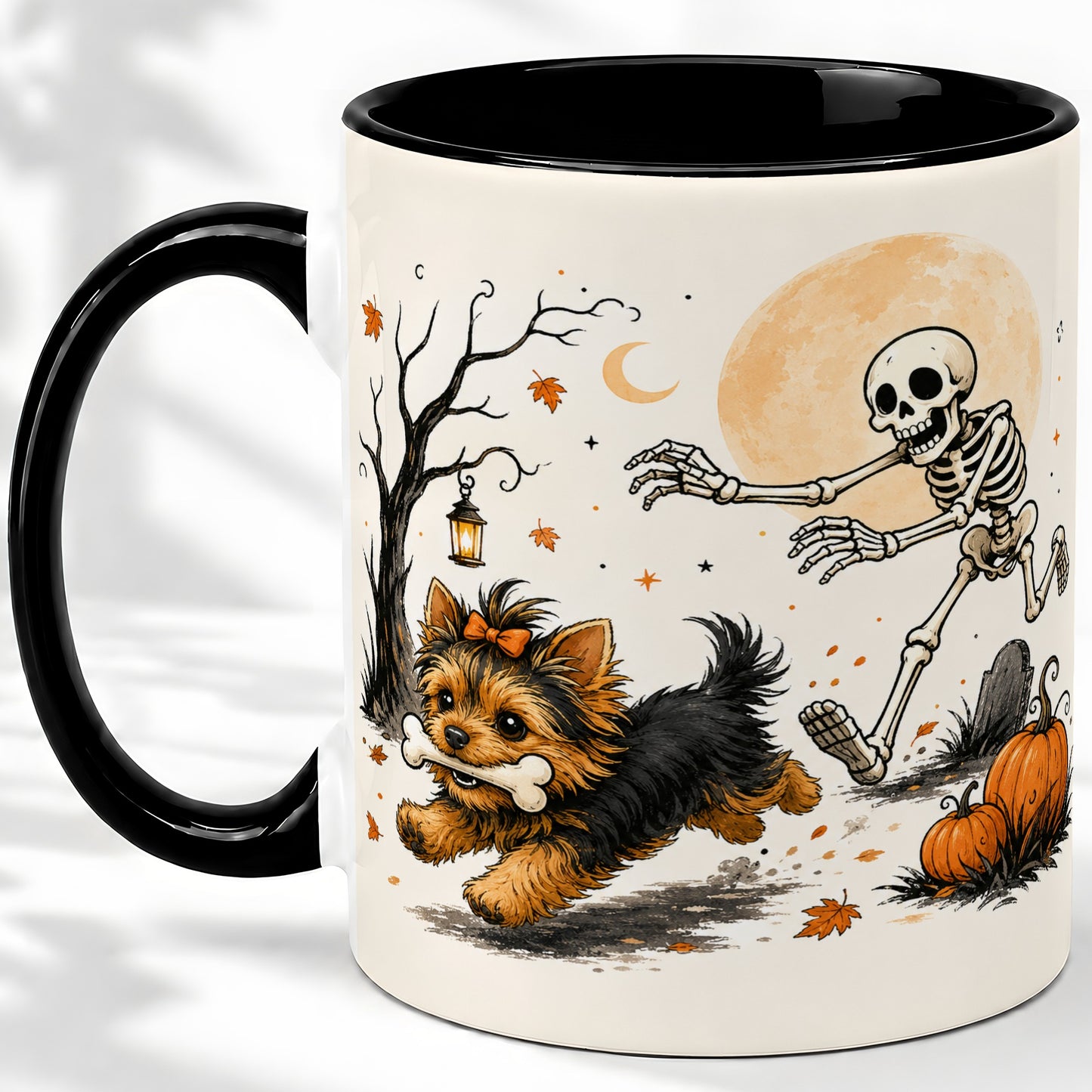 #pl[11oz|Black] Lantern Graveyard Yorkie Ceramic Mug, Halloween Art for Dog Lovers