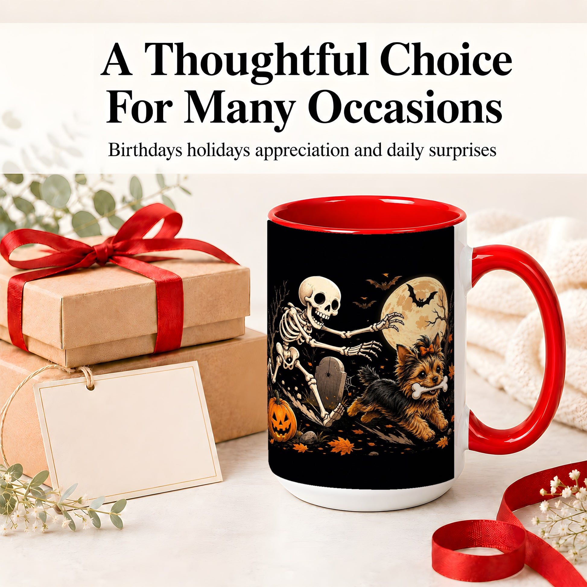 #pl[15oz|Red] Night Graveyard Yorkie Ceramic Mug, Halloween Art for Dog Lovers