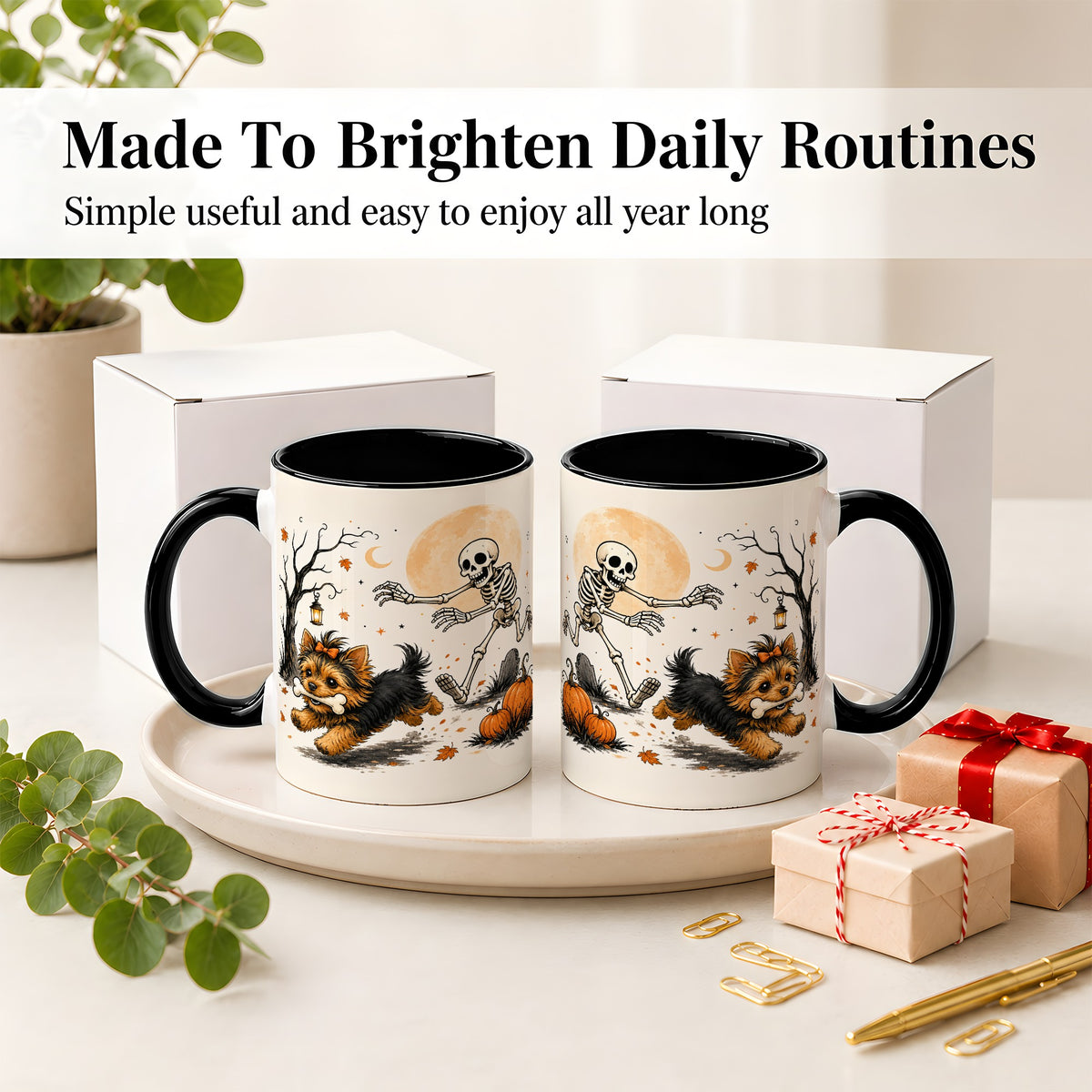 #pl[11oz|Black] Lantern Graveyard Yorkie Ceramic Mug, Halloween Art for Dog Lovers