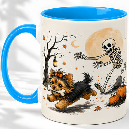 #pl[11oz|Blue] Lantern Graveyard Yorkie Ceramic Mug, Halloween Art for Dog Lovers