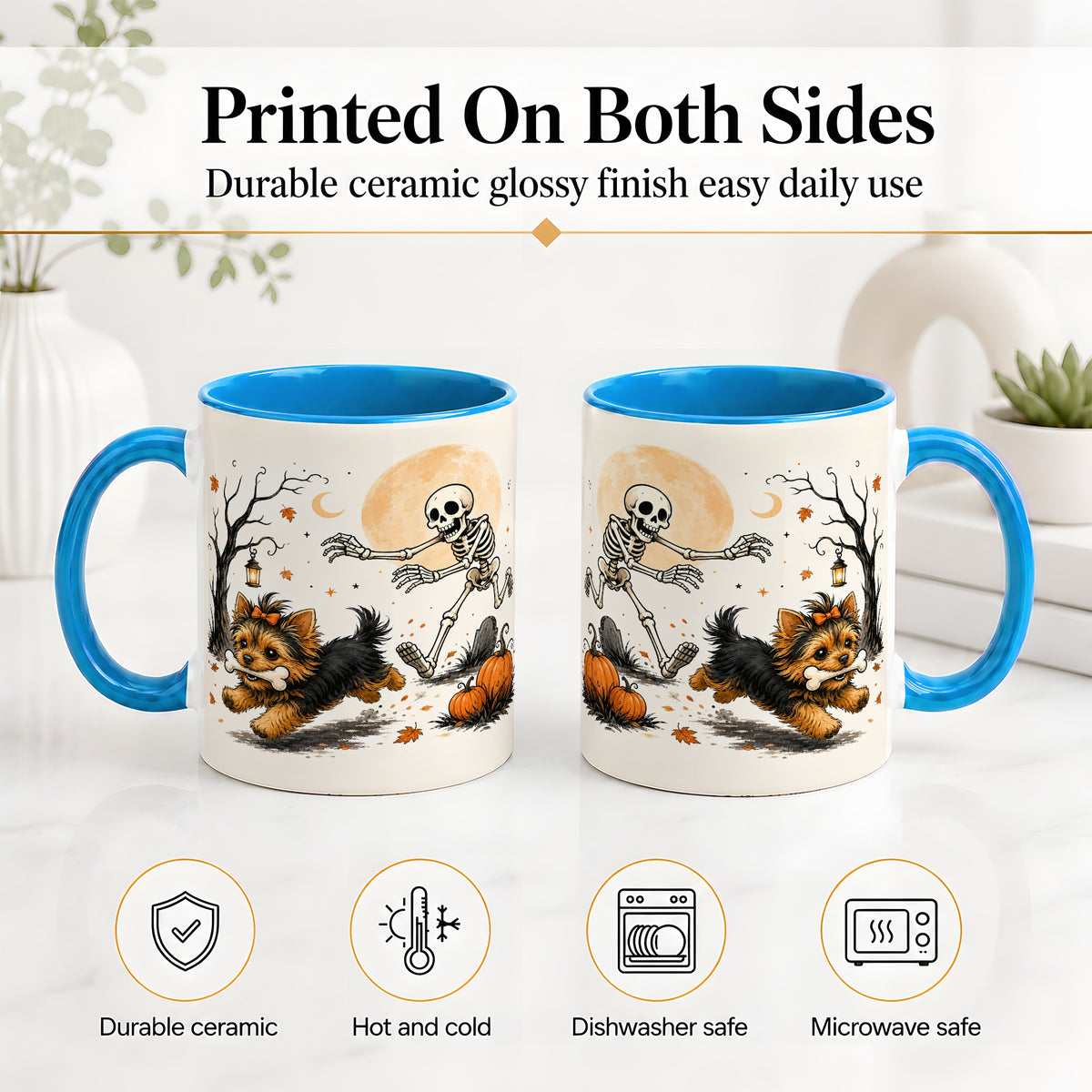 #pl[11oz|Blue] Lantern Graveyard Yorkie Ceramic Mug, Halloween Art for Dog Lovers