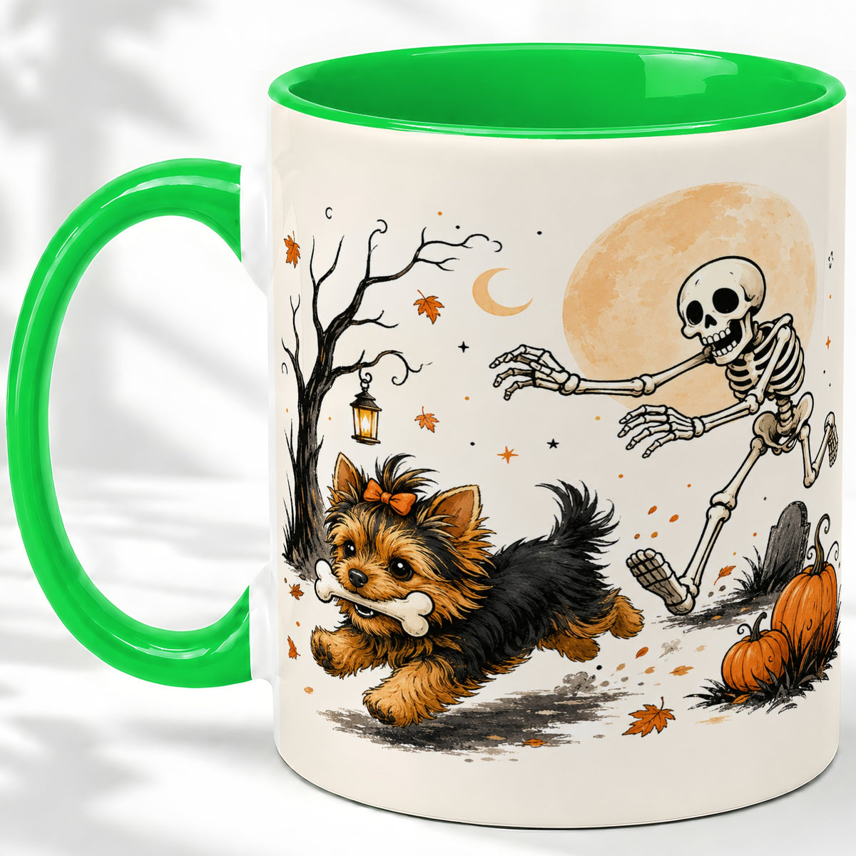 #pl[11oz|Green] Lantern Graveyard Yorkie Ceramic Mug, Halloween Art for Dog Lovers
