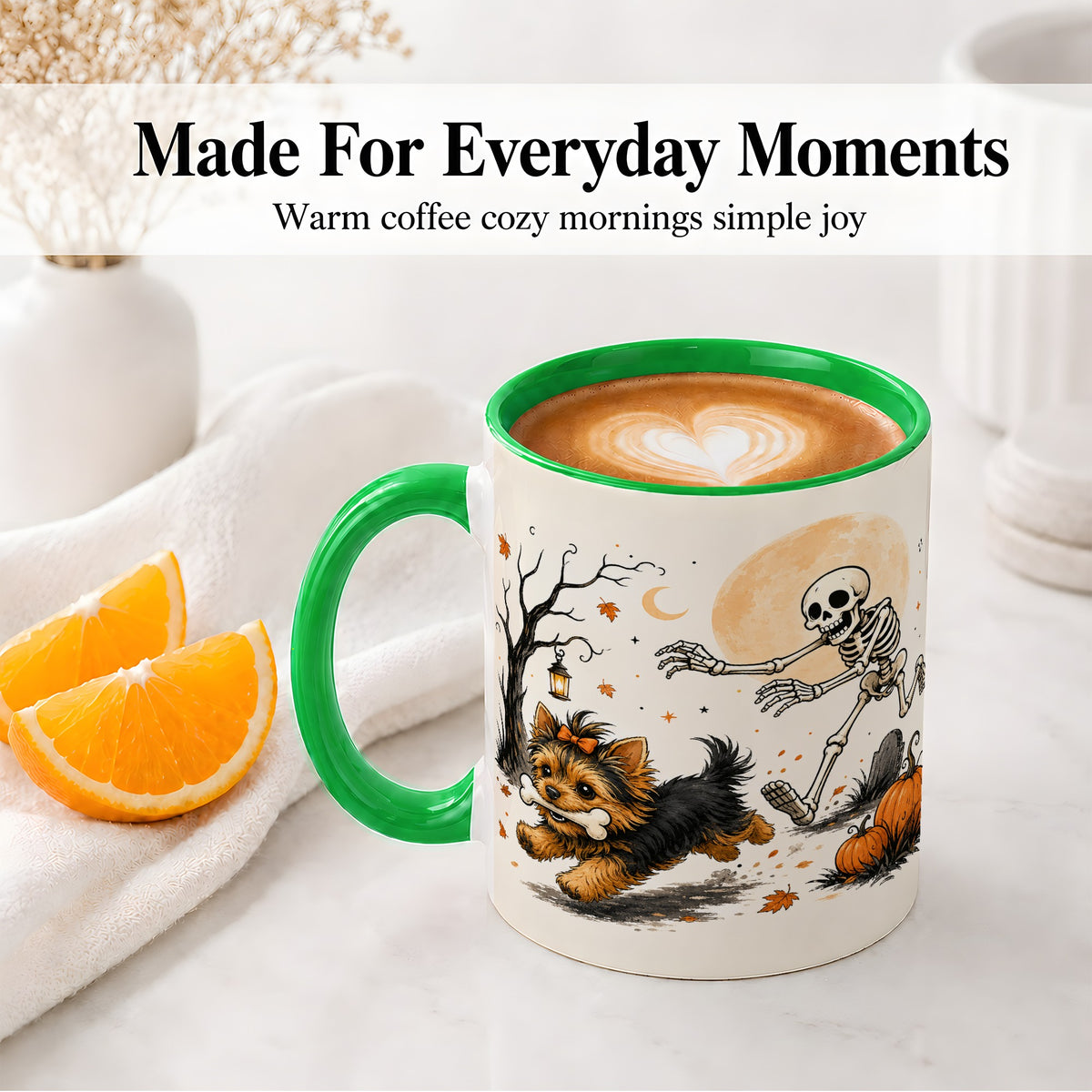 #pl[11oz|Green] Lantern Graveyard Yorkie Ceramic Mug, Halloween Art for Dog Lovers