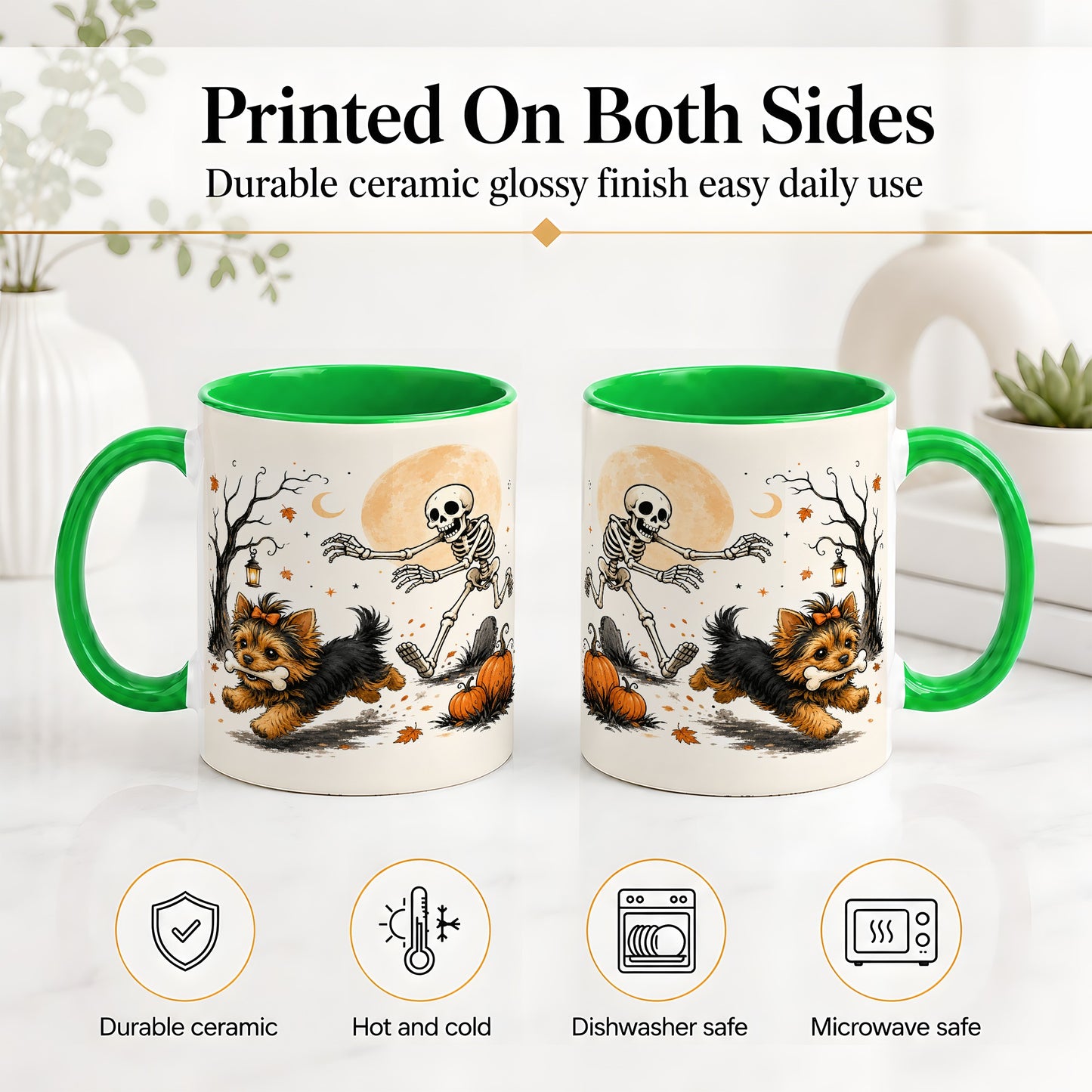 #pl[11oz|Green] Lantern Graveyard Yorkie Ceramic Mug, Halloween Art for Dog Lovers