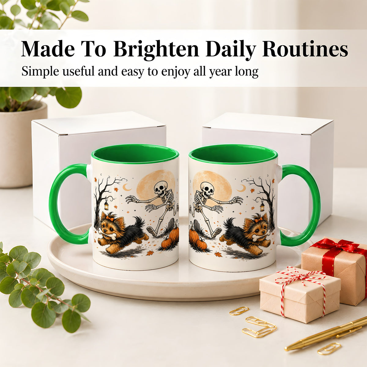 #pl[11oz|Green] Lantern Graveyard Yorkie Ceramic Mug, Halloween Art for Dog Lovers