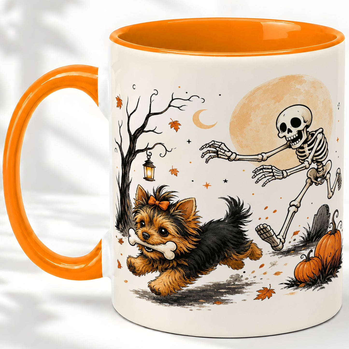 #pl[11oz|Orange] Lantern Graveyard Yorkie Ceramic Mug, Halloween Art for Dog Lovers