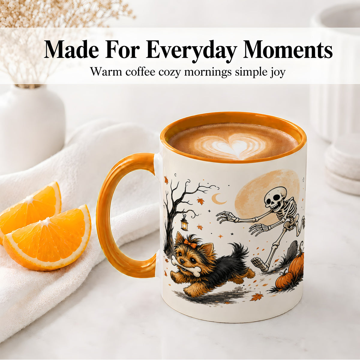 #pl[11oz|Orange] Lantern Graveyard Yorkie Ceramic Mug, Halloween Art for Dog Lovers