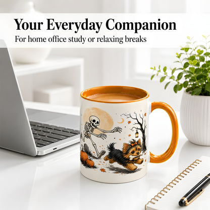 #pl[11oz|Orange] Lantern Graveyard Yorkie Ceramic Mug, Halloween Art for Dog Lovers