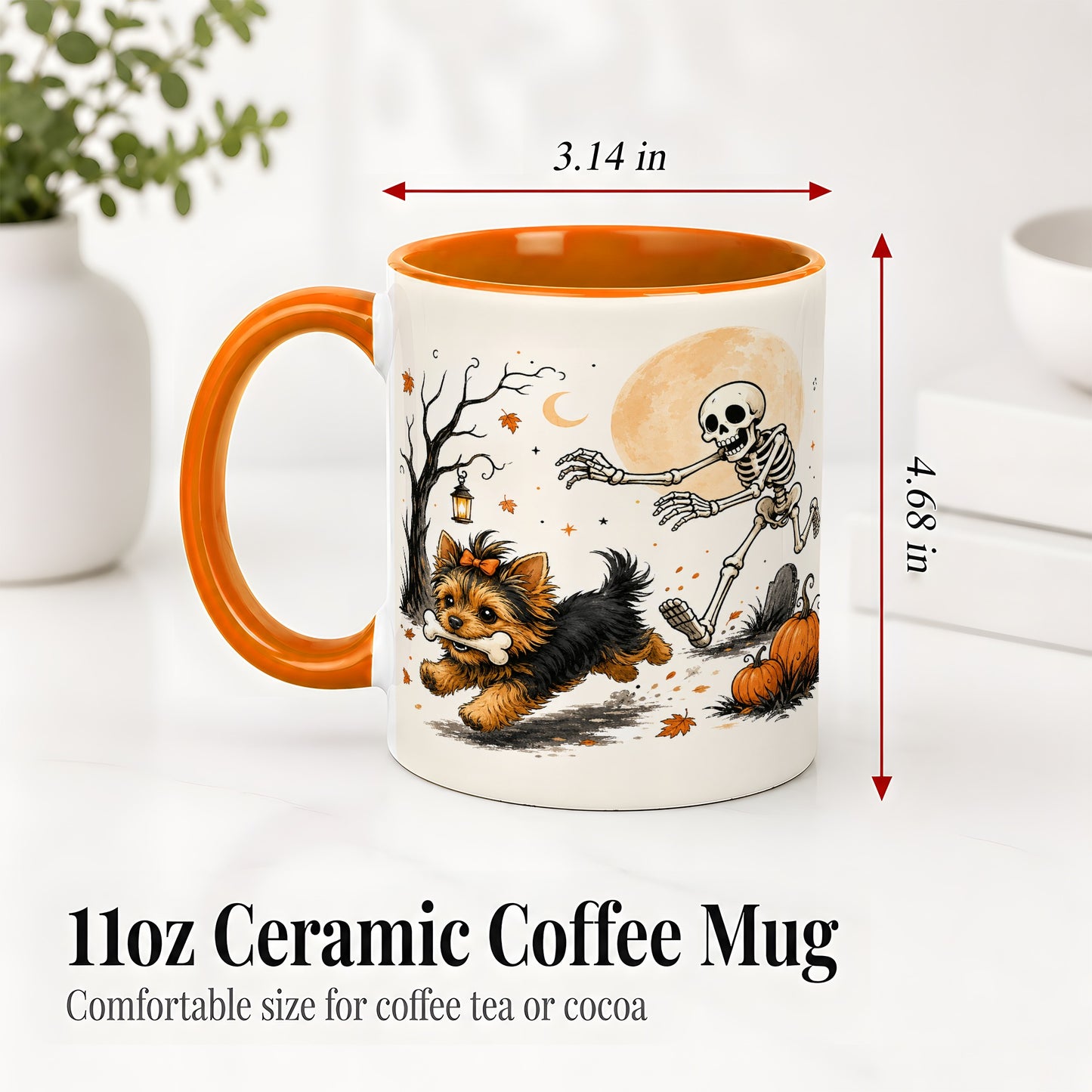 #pl[11oz|Orange] Lantern Graveyard Yorkie Ceramic Mug, Halloween Art for Dog Lovers