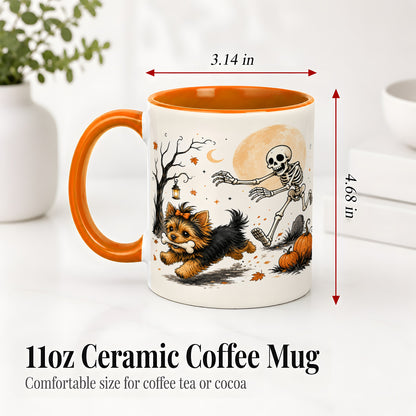 #pl[11oz|Orange] Lantern Graveyard Yorkie Ceramic Mug, Halloween Art for Dog Lovers