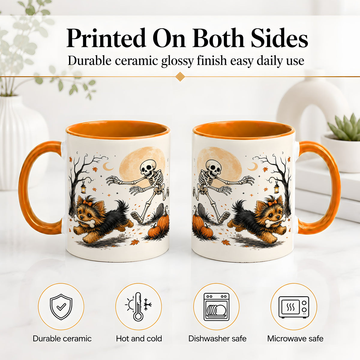 #pl[11oz|Orange] Lantern Graveyard Yorkie Ceramic Mug, Halloween Art for Dog Lovers
