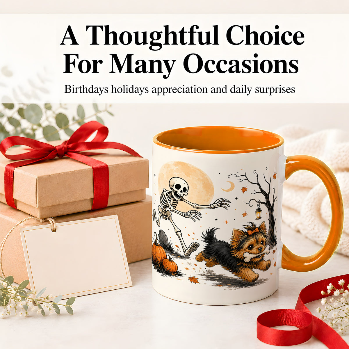 #pl[11oz|Orange] Lantern Graveyard Yorkie Ceramic Mug, Halloween Art for Dog Lovers