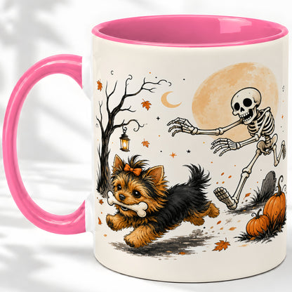 #pl[11oz|Pink] Lantern Graveyard Yorkie Ceramic Mug, Halloween Art for Dog Lovers