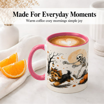 #pl[11oz|Pink] Lantern Graveyard Yorkie Ceramic Mug, Halloween Art for Dog Lovers
