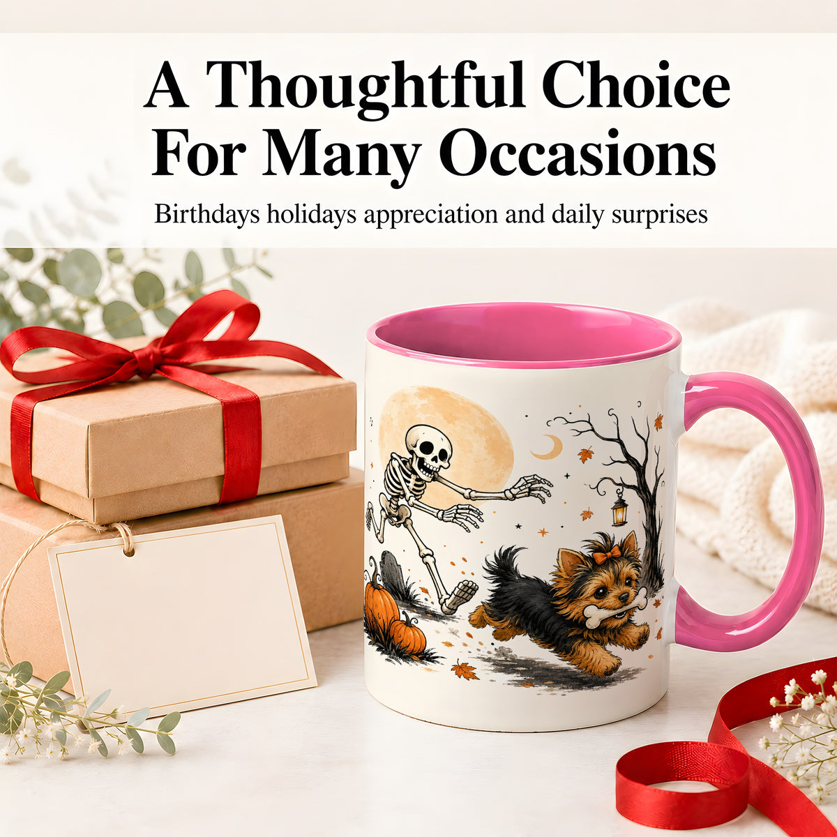 #pl[11oz|Pink] Lantern Graveyard Yorkie Ceramic Mug, Halloween Art for Dog Lovers