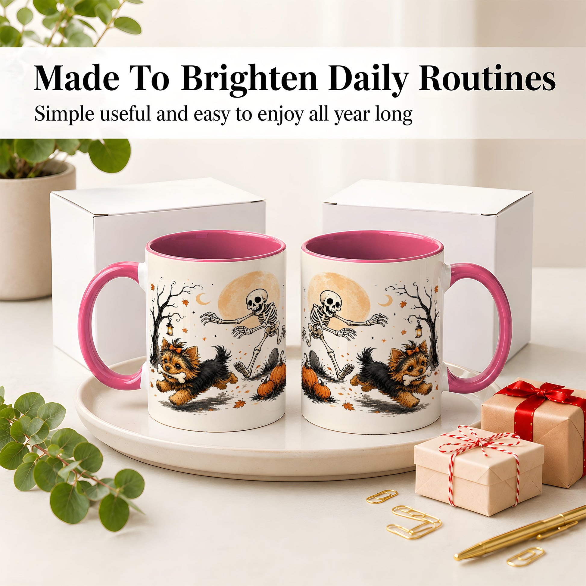 #pl[11oz|Pink] Lantern Graveyard Yorkie Ceramic Mug, Halloween Art for Dog Lovers