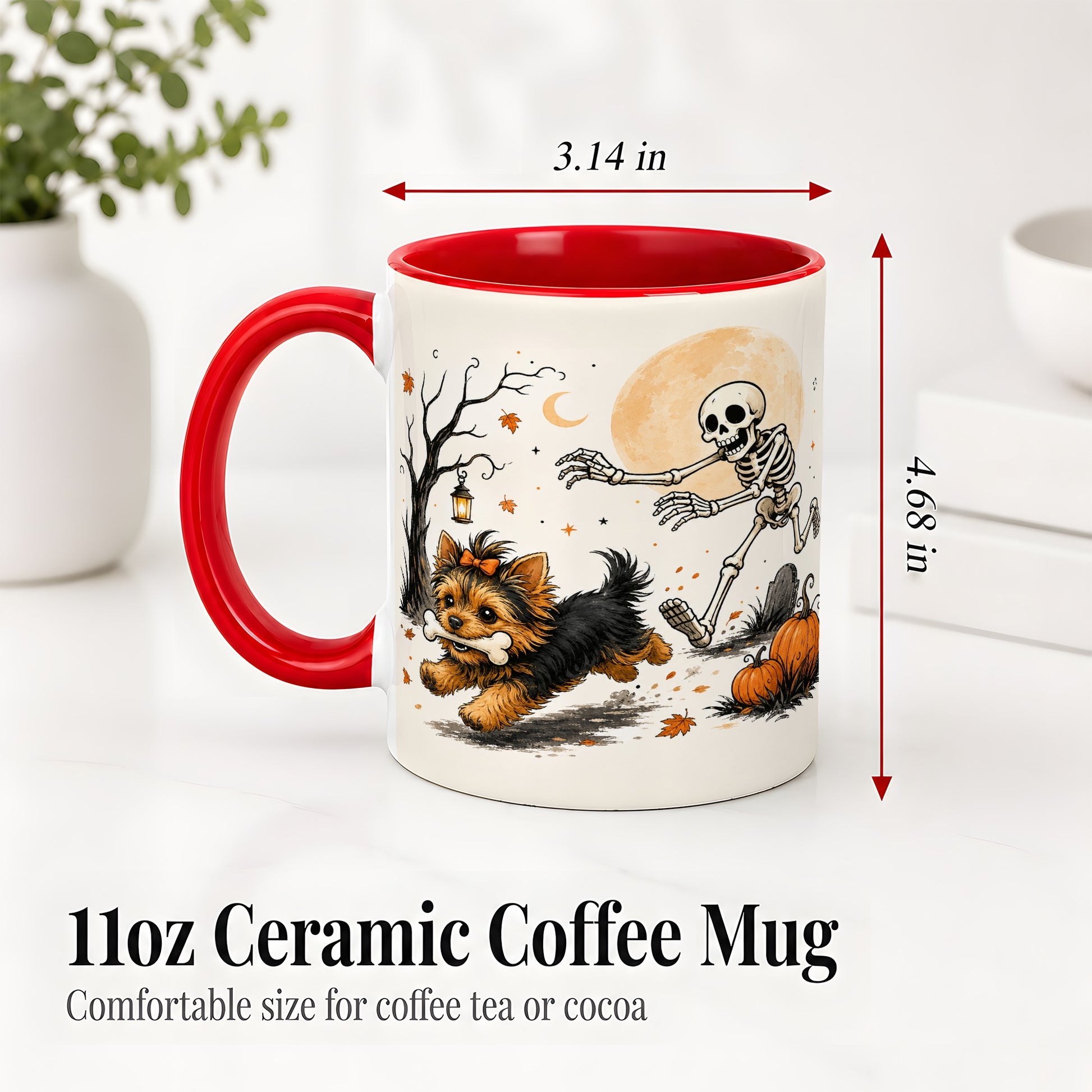 #pl[11oz|Red] Lantern Graveyard Yorkie Ceramic Mug, Halloween Art for Dog Lovers