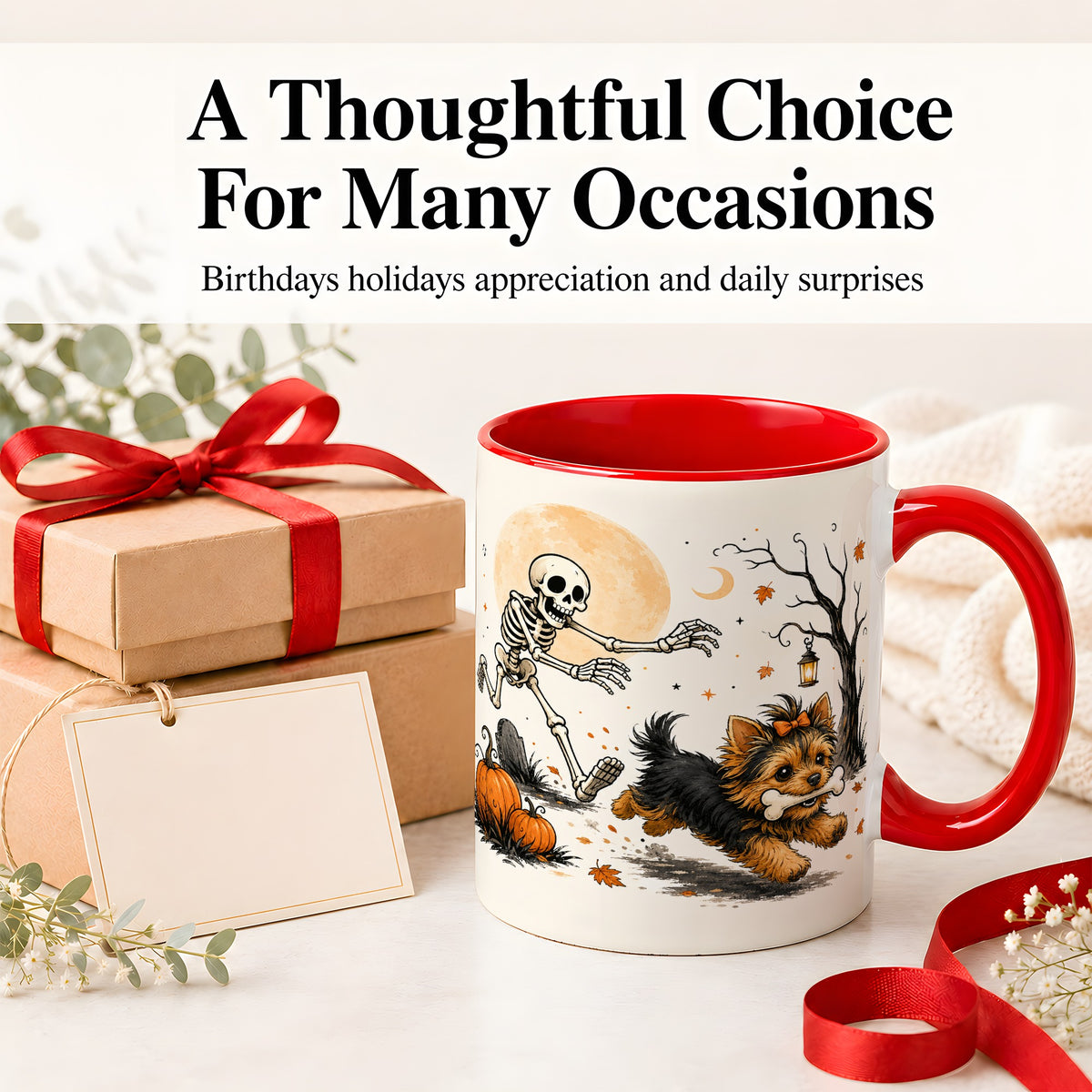 #pl[11oz|Red] Lantern Graveyard Yorkie Ceramic Mug, Halloween Art for Dog Lovers