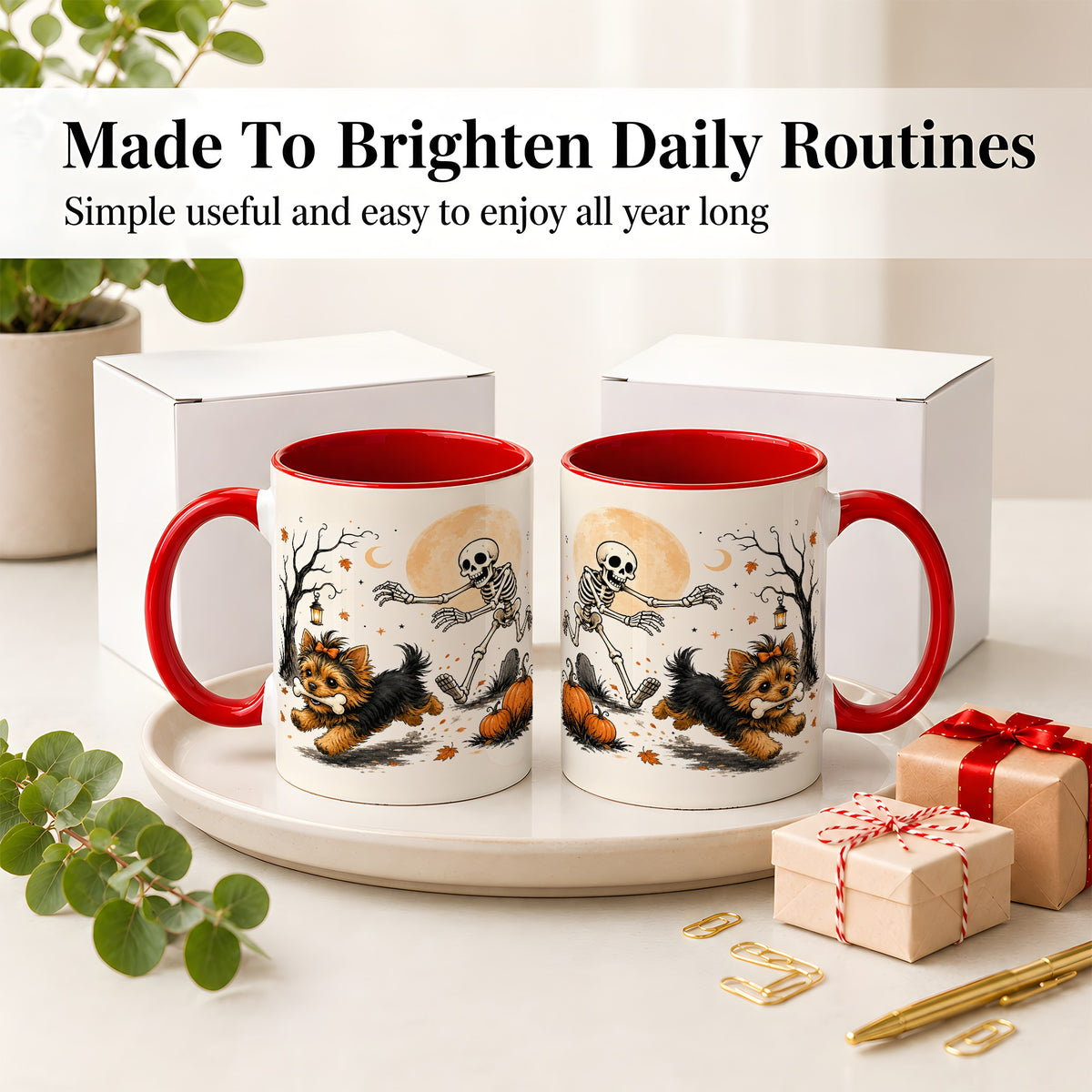 #pl[11oz|Red] Lantern Graveyard Yorkie Ceramic Mug, Halloween Art for Dog Lovers